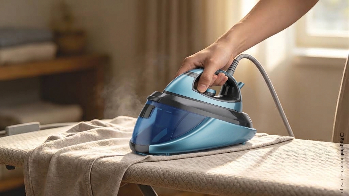 Steam iron in use