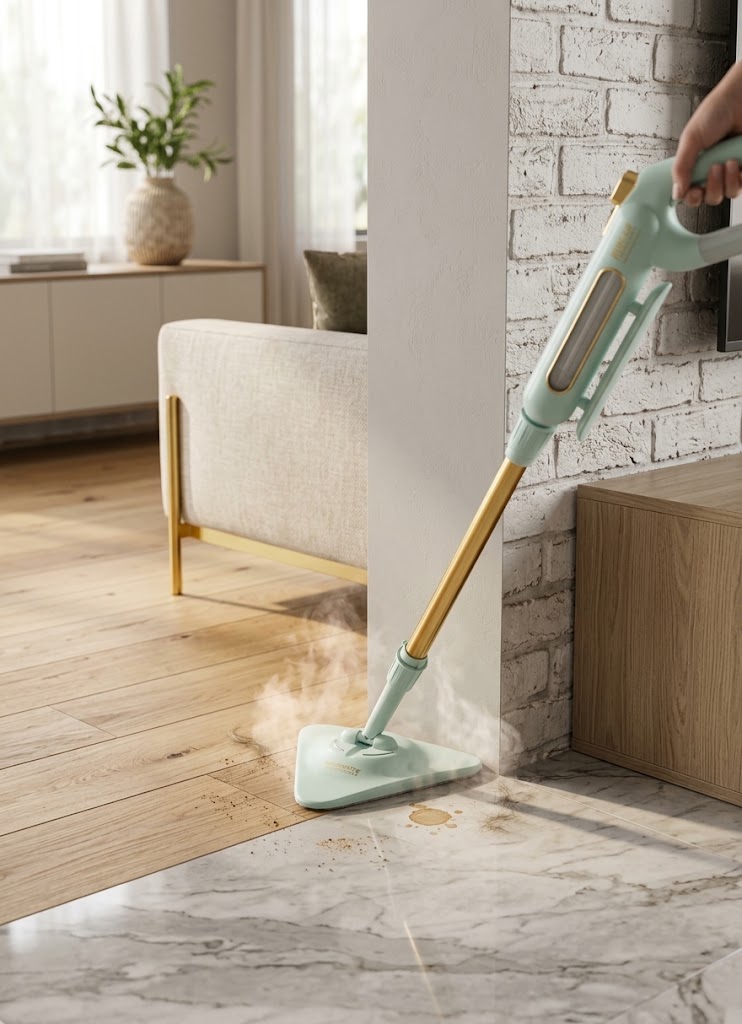 Steam mop in use